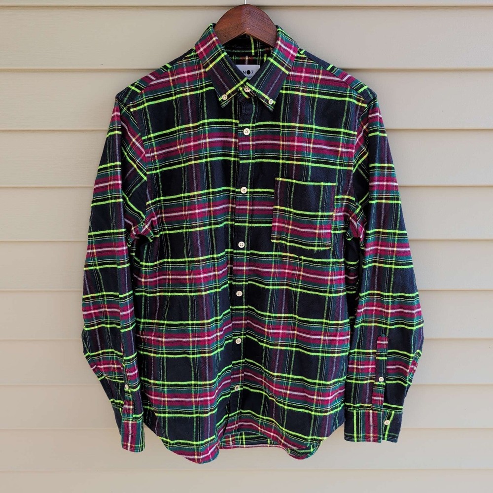 NN07 Levon Shirt Mens Size M Navy Neon Green Red Plaid Flannel Button Down
